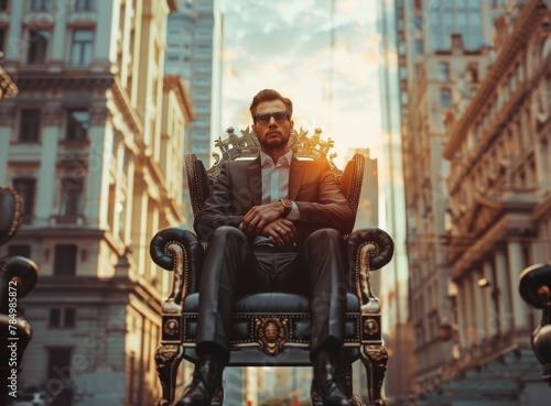 A man exuding power and luxury sits on a throne-like chair in an urban setting at dusk
