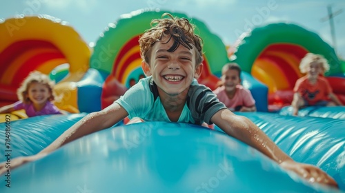 A boy's laughter is infectious as he lies on a colorful inflatable bounce house, epitomizing the joy of youthful play photo