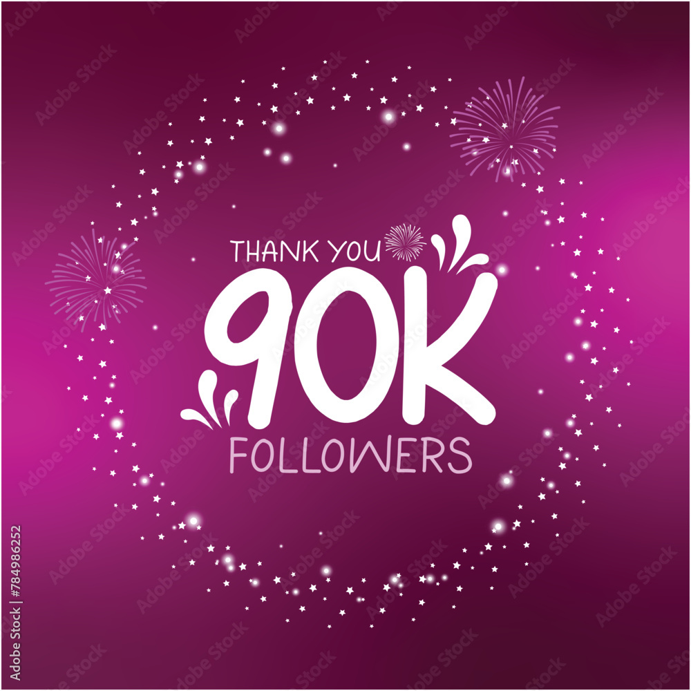 90K followers celebration design with white stars and sparkles on purple background, thanking subscribers on social media