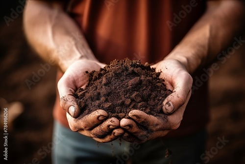 Agronomist holding clod of earth for soil analysis, closeup of male hand in agricultural field