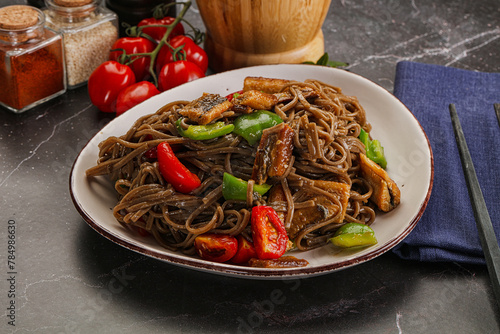 Buckwheat Soba with eel and vegetavles photo