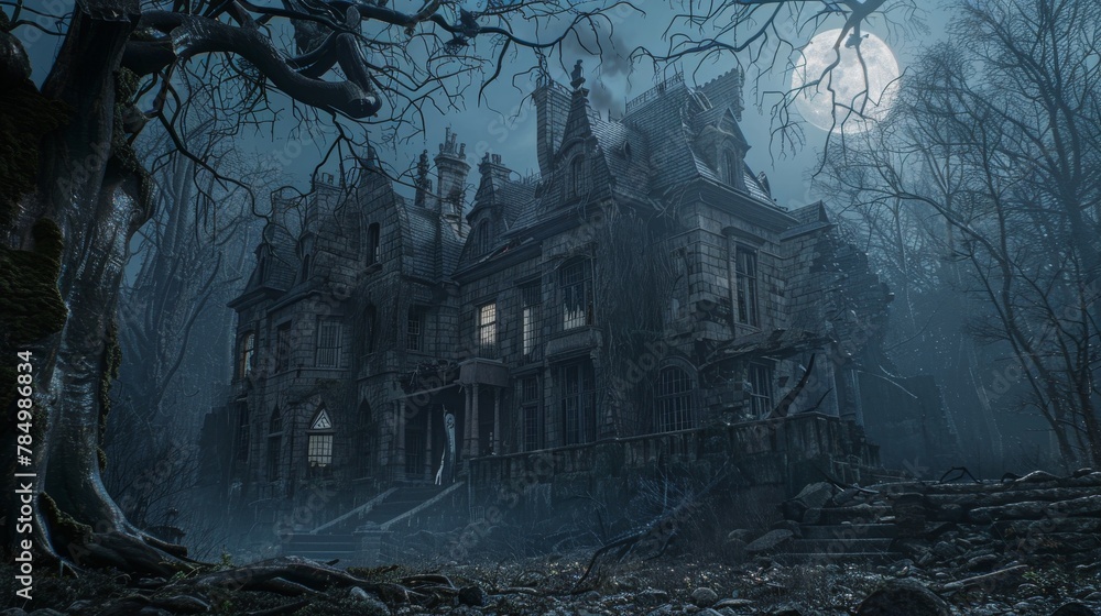 Gloomy Gothic Mansion under a Full Moon with Bare Trees and a Misty Atmosphere
