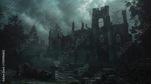 Ravaged Mansion Ruins in a Dark Forest with Ominous Storm Clouds and Mist