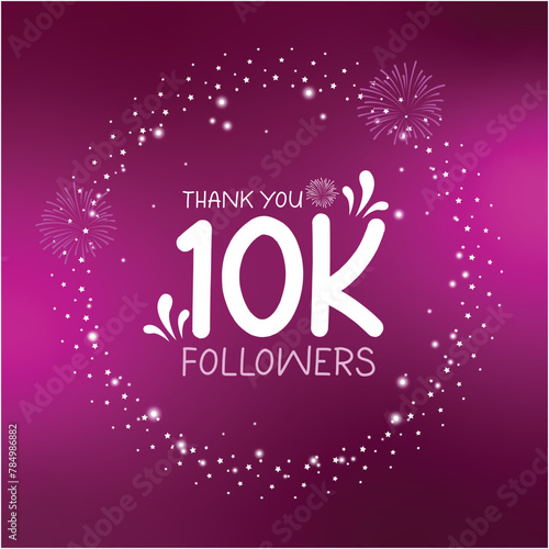 10K followers celebration design with white stars and sparkles on purple background, thanking subscribers on social media