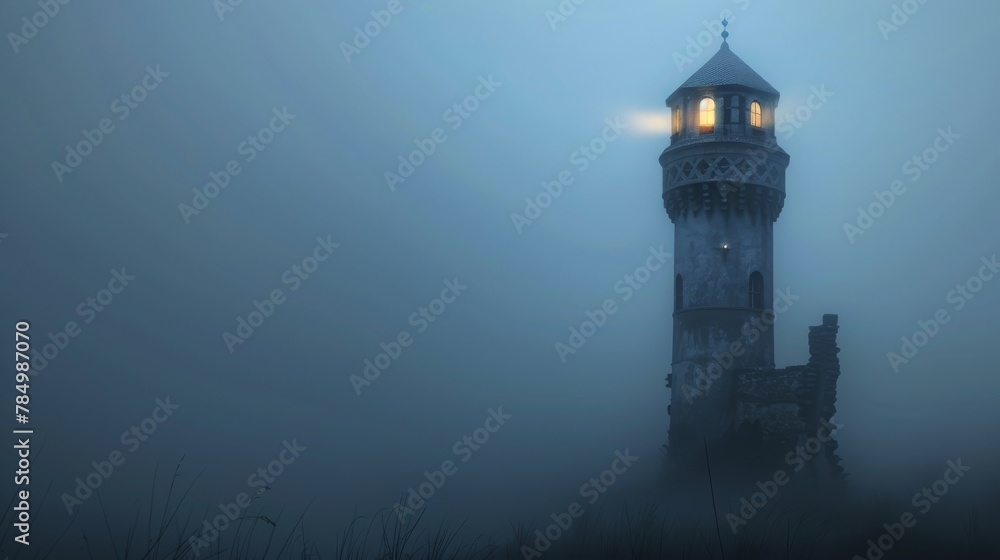 Lone Tower Illuminated in the Misty Haze of a Mysterious Night Landscape