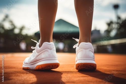 Close-up of female tennis players legs on outdoor tennis court in action during a match