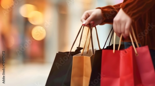 Close up of a woman's hand holding shopping bags. A woman doing online shopping or a customer discovering products for the holiday season