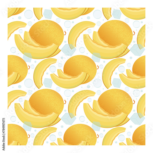 Pattern of whole, juicy, round melon and slices, with pieces of ice isolated on a white background. Vector illustration of fabric, paper, textile.