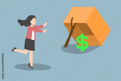 financial money trap, bait, scam. a businesswoman lured by money vector illustration. financial mistake. too good to be true situation