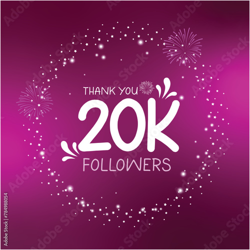 20K followers celebration design with white stars and sparkles on purple background, thanking subscribers on social media