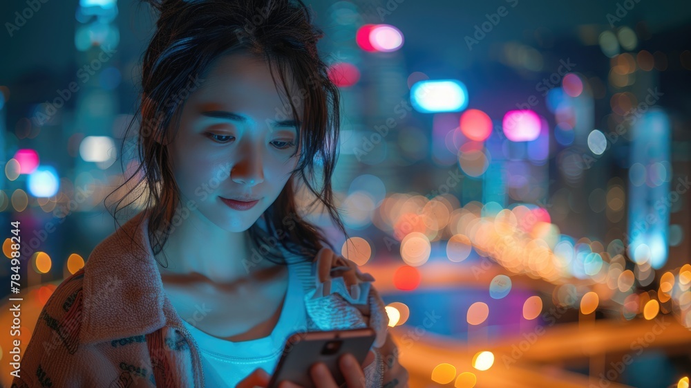 A woman is looking at her cell phone in a city at night A woman is looking at her cell phone in a city at night
