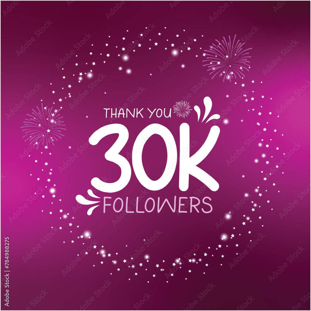 Thank you 30k followers , happy 30K celebration social media post design with White stars and sparkles on purple background