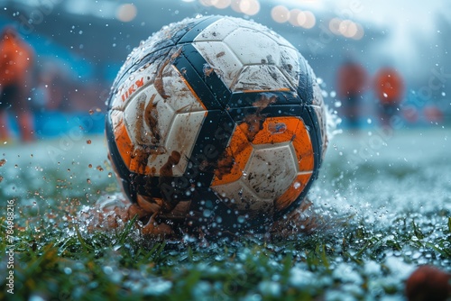 Dirty soccer ball on wet grass during rain photo