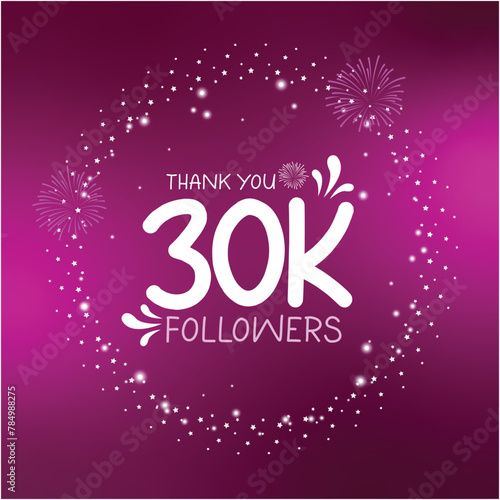 Thank you 30k followers , happy 30K celebration social media post design with White stars and sparkles on purple background