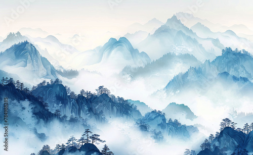 Jiangnan landscape natural scenery, Chinese style ink natural scenery concept illustration © lin