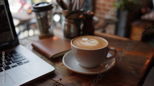 An individual working from a quaint cafe  their laptop open amidst a steaming cup of coffee and notebooks  blending the lines between work and leisure.