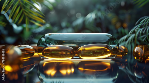 Omega-3 capsules in a glass tube cylinder in the jungle Fish oil in pills.
