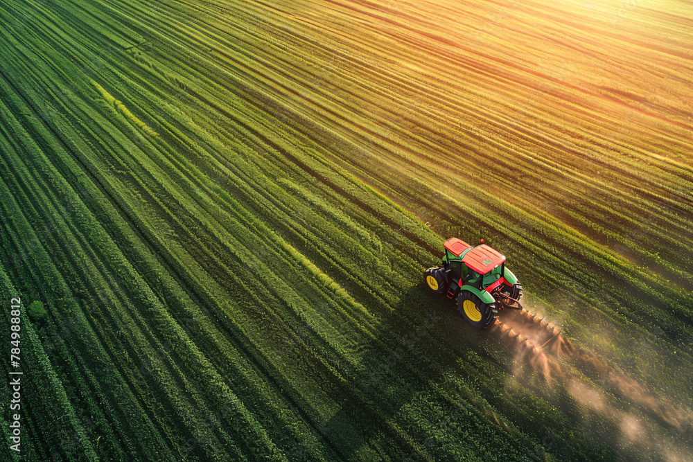 aerial view of modern tractor working on the summer field aerial view of modern tractor working on the summer field