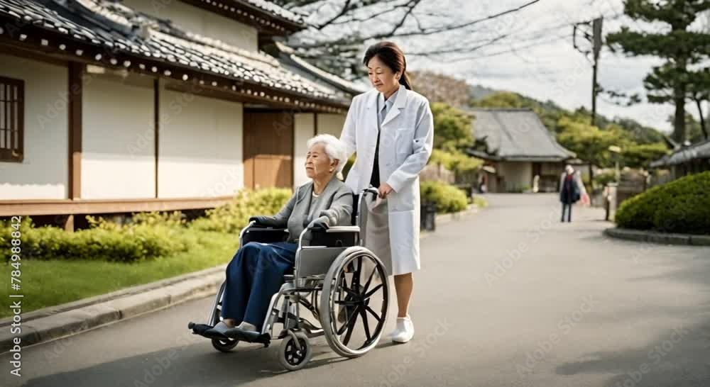 Healthcare Professional Assisting Senior Woman on Wheelchair for a Walk in Japan Healthcare Professional Assisting Senior Woman on Wheelchair for a Walk in Japan