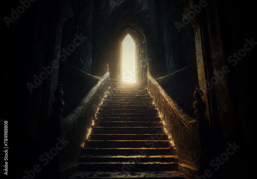 stairway leading to a small door that opened and emitted bright light