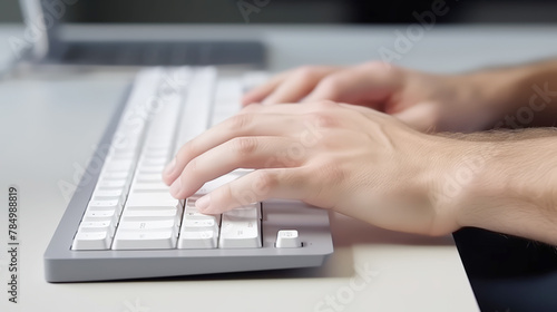 Hand typing on office computer keyboard., online work,A Writing financial report, blog or email