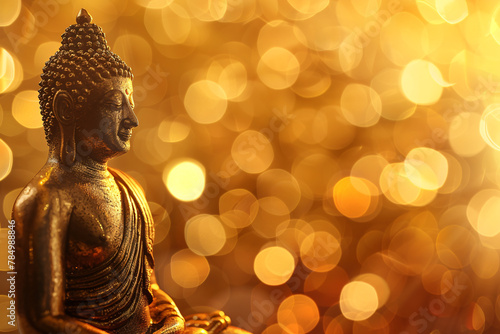 golden statue of Buddha and copy space over golden background, Buddha Purnima background © Di Studio