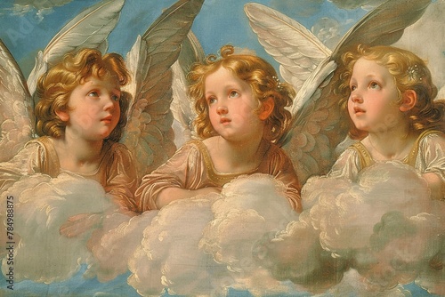 Angels in a renaissance painting, divine inspiration, ethereal beauty in a retro style  photo