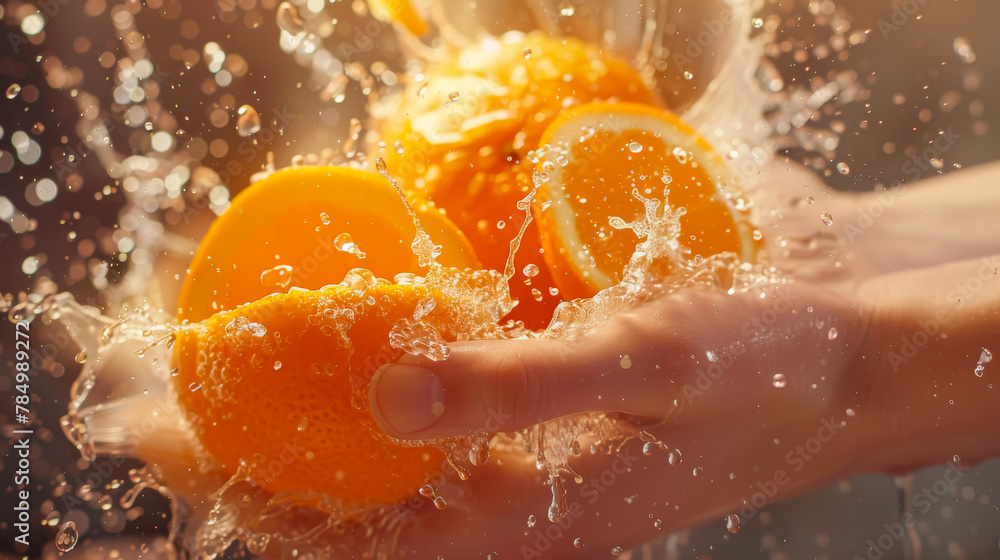 Fresh Oranges Squeezed by Hand with Splashing Water Fresh Oranges Squeezed by Hand with Splashing Water