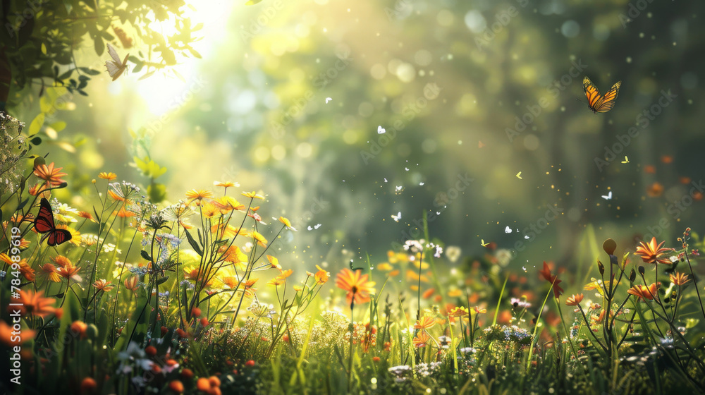 Serene Meadow with Wildflowers and Butterflies in Sunlight