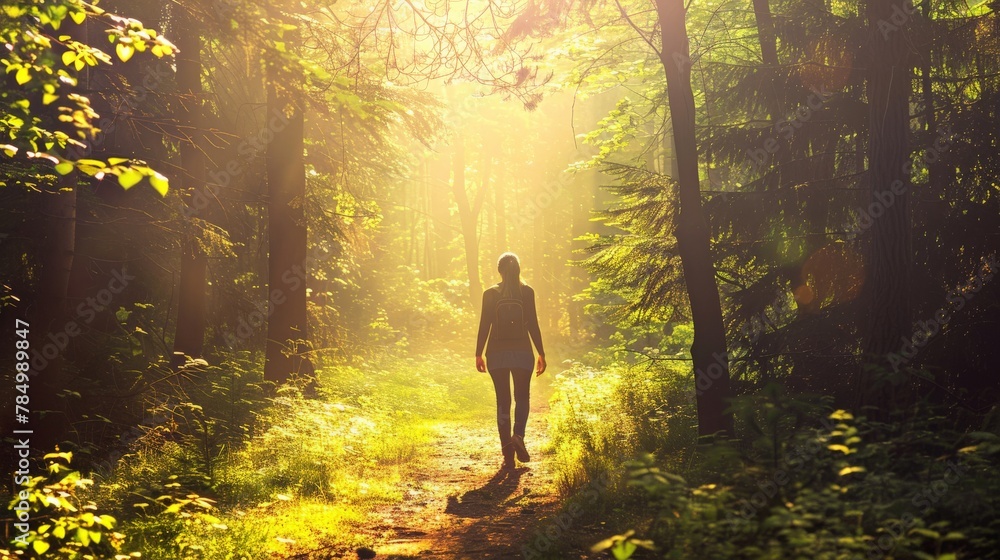 An individual taking a mindful walk in the forest, the sunlight filtering through the trees, illustrating the healing power of nature and the practice of eco-therapy. An individual taking a mindful walk in the forest, the sunlight filtering through the trees, illustrating the healing power of nature and the practice of eco-therapy.