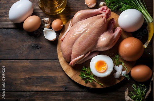chicken with fried eggs placed on a rustic wooden surface, proteins rich foods, healthy morning food photo