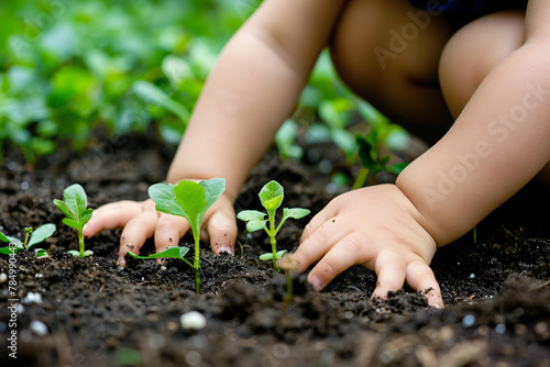 environment and ecology concept  close up of child s hands planting plant in the ground