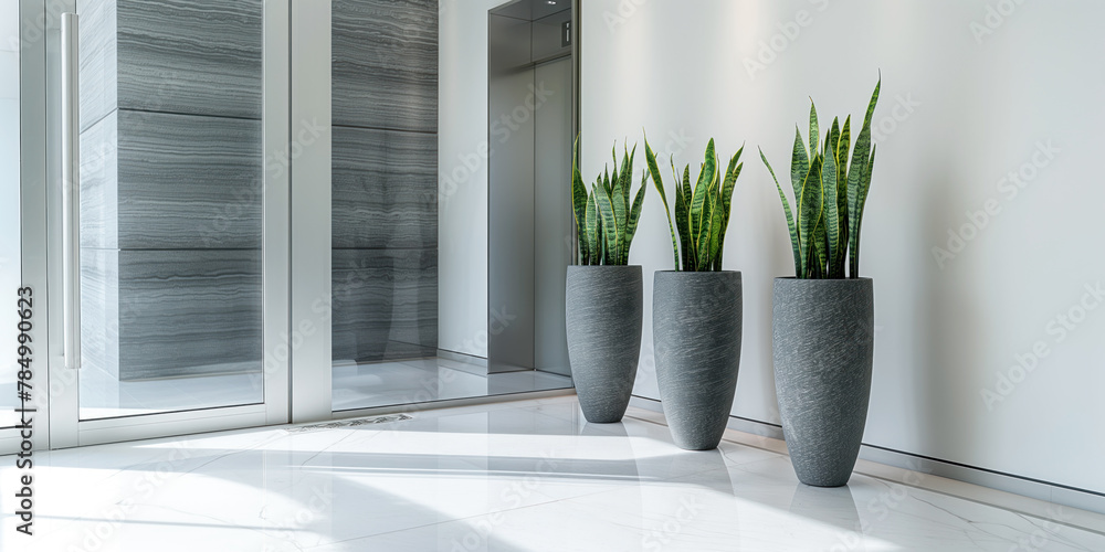 Modern office hallway with potted snake plants. Elevator and potted snake plants in a bright office lobby Modern office hallway with potted snake plants. Elevator and potted snake plants in a bright office lobby