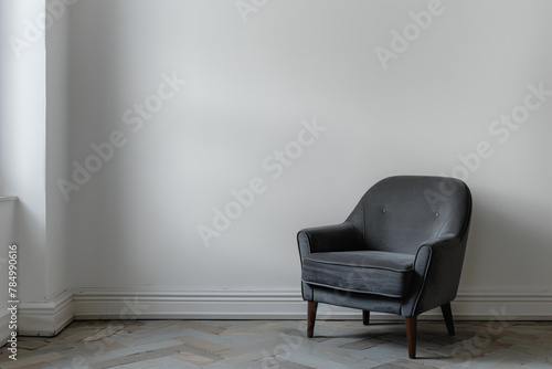 Beautiful modern grey armchair interior and beautiful lighting copy space © YasumiHouse