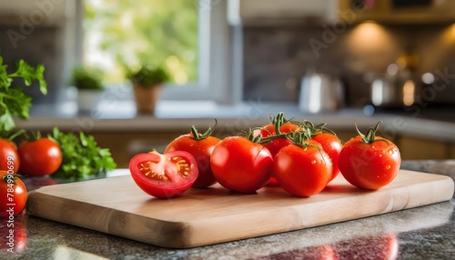 A selection of fresh vegetable: tomatoes, sitting on a chopping board against blurred kitchen background; copy space