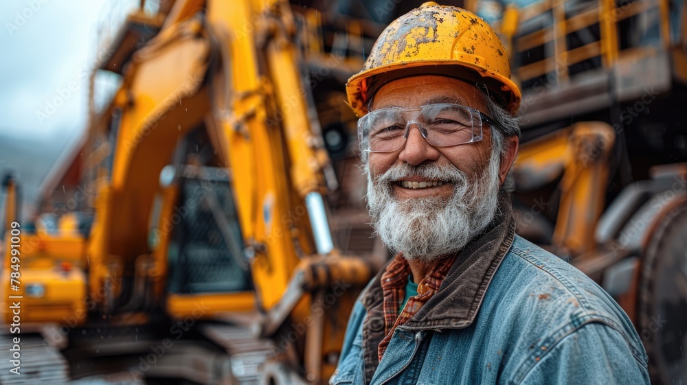 A man in a dirty work suit stands next to a large yellow construction machine A man in a dirty work suit stands next to a large yellow construction machine