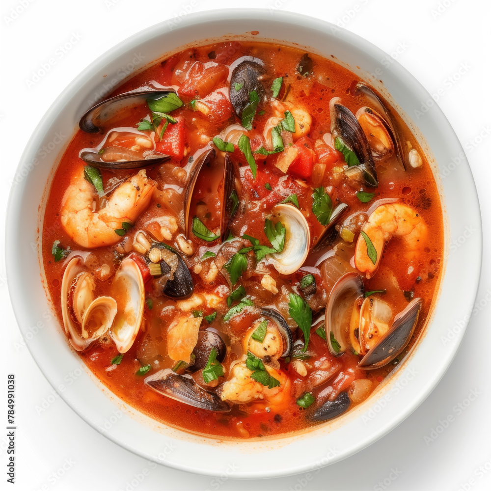 Hearty Seafood Stew with Shrimp, Mussels, and Fresh Herbs in a White Bowl Hearty Seafood Stew with Shrimp, Mussels, and Fresh Herbs in a White Bowl