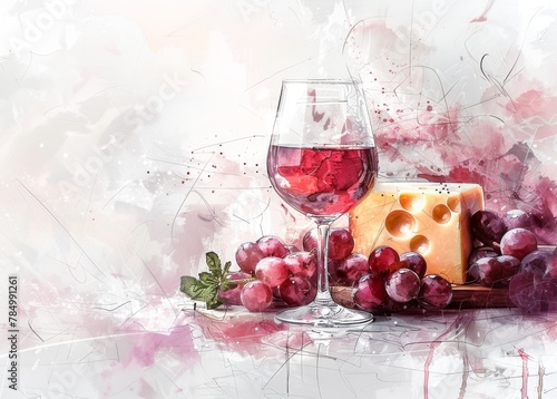 A watercolor-inspired artistic depiction of wine and cheese, perfect for creative and culinary backgrounds. © milanchikov