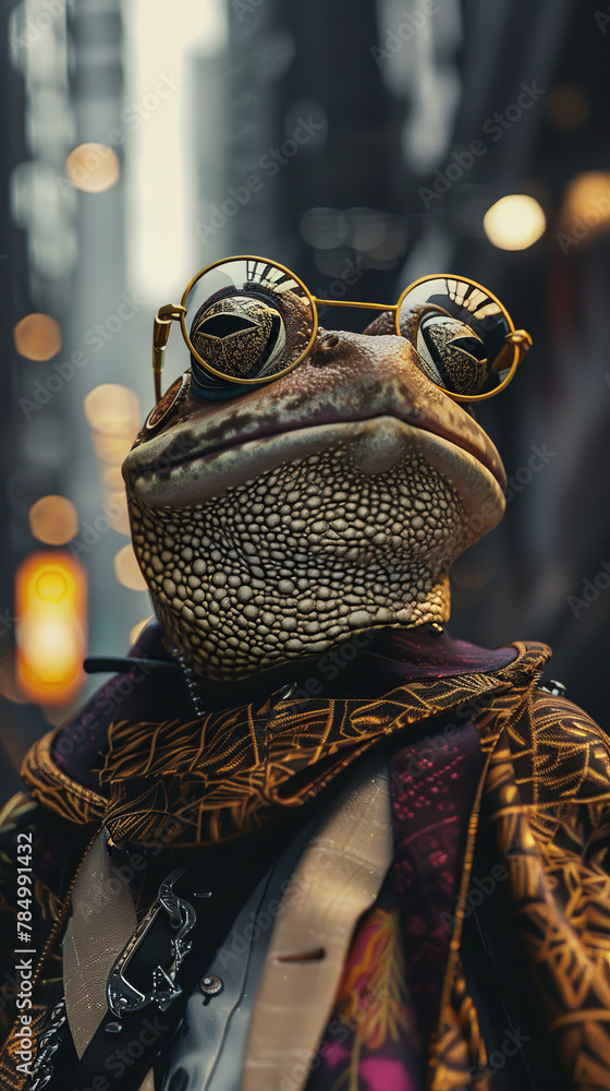 Fototapeta premium A dapper frog wearing sunglasses and a suit, standing in front of a blurred city background.