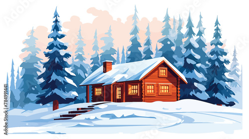 A cozy cabin in the woods surrounded by snow-covered © Jasmin