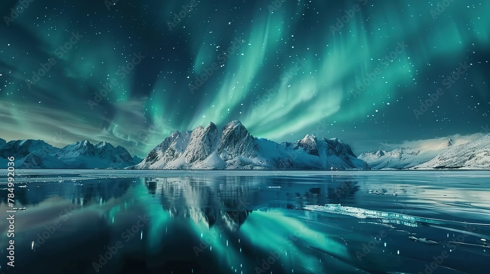 Aurora borealis on the Lofoten islands, Norway. Night sky with polar lights. Night winter landscape with aurora and reflection on the water surface. Natural background in the Norway