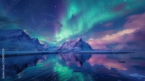 Aurora borealis on the Lofoten islands  Norway. Night sky with polar lights. Night winter landscape with aurora and reflection on the water surface. Natural background in the Norway