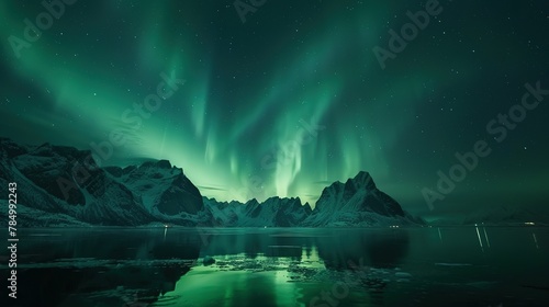 Aurora borealis on the Lofoten islands  Norway. Night sky with polar lights. Night winter landscape with aurora and reflection on the water surface. Natural background in the Norway