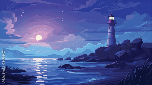 Cartoon night sea landscape with lighthouse 