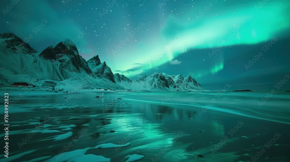 Naklejka premium Aurora borealis on the Lofoten islands, Norway. Night sky with polar lights. Night winter landscape with aurora and reflection on the water surface. Natural background in the Norway
