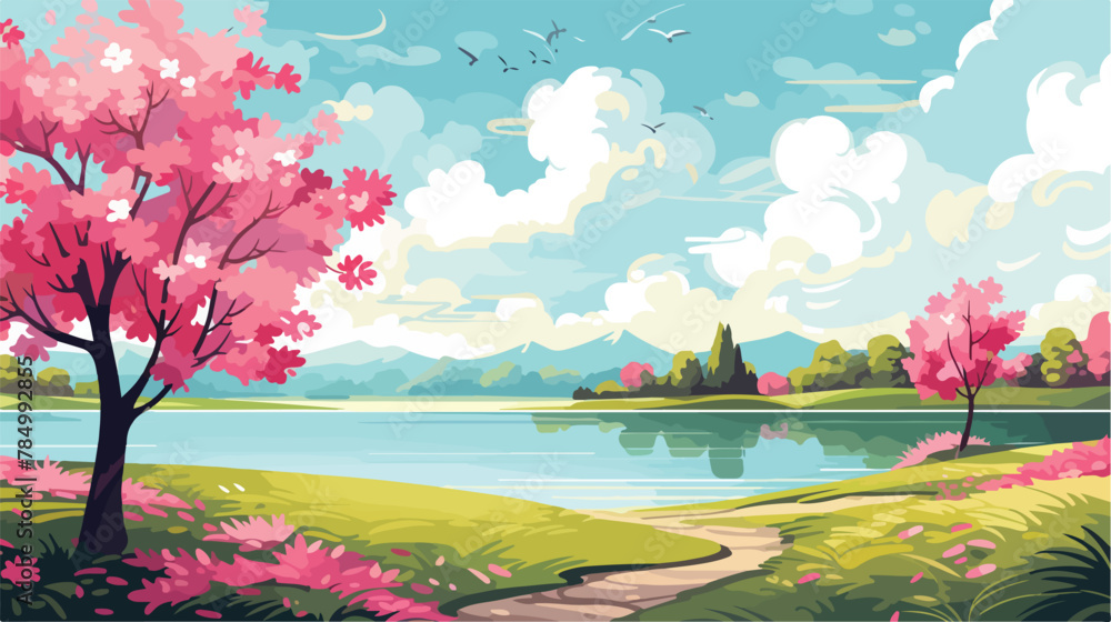 Cartoon spring landscape with pink flowering trees