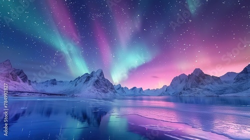 Aurora borealis on the Lofoten islands, Norway. Night sky with polar lights. Night winter landscape with aurora and reflection on the water surface. Natural background in the Norway