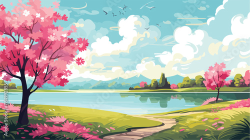 Cartoon spring landscape with pink flowering trees