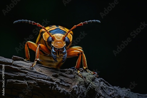 Mystic portrait of Bombardier Beetle on root in studio, copy space on right side, Headshot, Close-up View, 