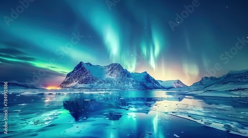 Aurora borealis on the Lofoten islands, Norway. Night sky with polar lights. Night winter landscape with aurora and reflection on the water surface. Natural background in the Norway © Jennifer